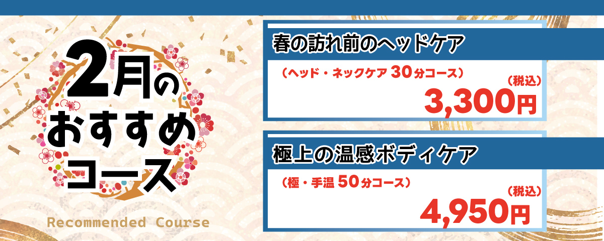 2月のおすすめコース
                            ①春の訪れ前のヘッドケア：春の眠気や頭重感を解消。デコルテから頭皮までをほぐしていき、血行を促進、クリアな頭とリフレッシュした体に導きます。 ヘッド・ネックケア30分コース 3,300円(税込)
                            ②極上の温感ボディケア：冬の終わりに蓄積した疲労を全身でケア。フットバスで足を温めてから全身をほぐし、体の凝りや張りをリセットします。 極・手温50分コース 4,950円(税込)